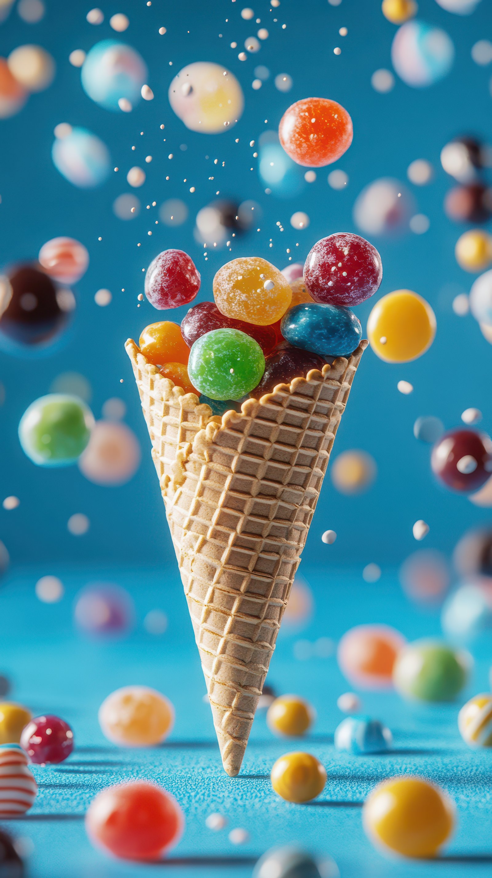 Colorful candies bursting from an ice cream cone against a blue background
